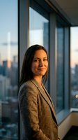 Confident businesswoman in gray suit smiling in modern office with city skyline view during golden hour for corporate and professional success concepts.