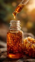 Golden honey drops from dropper into glass bottle with honeycomb in background, warm sunlight creating amber glow.