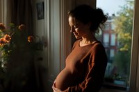 Silhouette of pregnant woman in brown sweater standing by window during golden hour, gentle natural lighting creates peaceful maternal moment.