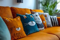 Colorful animal-themed decorative pillows arranged on orange sofa in modern living room interior with houseplant creating cozy home decor atmosphere.