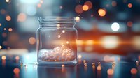 Glowing magical fireflies trapped in glass jar against blurred bokeh background creating dreamy atmospheric scene with warm orange and blue tones.