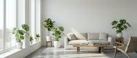 Bright minimalist living room with beige sofa, wooden furniture, potted plants by large windows, and natural light for modern home decor and interior design projects.