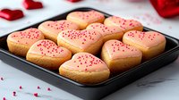 Heart shaped sugar cookies with pink frosting and red sprinkles on dark baking sheet. Valentine's day sweet treats with romantic decoration on marble background.