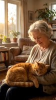 Senior Caucasian woman with gray curly hair in cozy sweater gently petting orange tabby cat on her lap in warm sunlit living room with books and plants.