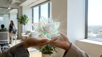Young adult male with medium skin tone holding glowing holographic lotus flower in modern office environment with colleagues and city view in background.