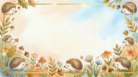 Adorable hedgehogs frame with autumn leaves and flowers on watercolor background for seasonal greeting cards and children's designs.