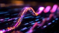 Glowing purple wave visualization on digital surface with binary code background creates futuristic technology concept for data analytics and artificial intelligence.