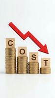 Cost reduction concept with wooden blocks spelling COST and stacked coins showing declining financial expenses with red arrow.