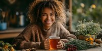 Young African American woman enjoying warm tea at cozy autumn table with seasonal decorations, expressing joy and comfort in rustic kitchen setting.