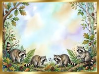 Raccoons foraging in woodland setting with lush foliage frame, watercolor style illustration for children's books, educational materials, and nature-themed designs.