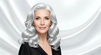 Mature woman with long silver wavy hair and fair complexion wearing black blazer against soft white abstract background. Suitable for business, beauty, and lifestyle content.