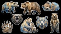 Grizzly bear illustrations in various poses isolated on transparent background, ready for t-shirt designs, clipart, stickers, sublimation and print-on-demand products.
