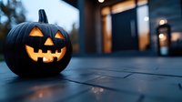 Glowing jack-o-lantern pumpkin with carved face sits on stone patio near modern home entrance during Halloween evening twilight atmosphere.