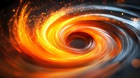 Glowing orange and blue spiral vortex with light trails and particles creating dynamic swirling motion effect against dark background. Cosmic energy visualization.