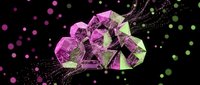 Abstract digital brain with geometric facets and neural network connections on dark background with colorful bokeh lights for technology concepts.