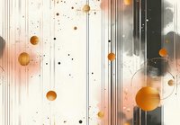 Abstract watercolor background with vertical lines and floating golden spheres on soft peach and gray gradient, creating elegant contemporary art for wall decor.