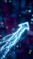 Glowing upward arrow made of blue particles and digital data streams on dark tech background with bokeh lights, representing growth, success, and financial progress.