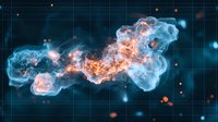 Cosmic nebula with glowing orange and blue gases swirling against dark space background, creating ethereal cloud formations with luminous particles and stellar elements.