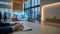 Businessman using laptop with holographic cloud computing interface in modern office workspace for digital transformation and data storage solutions.