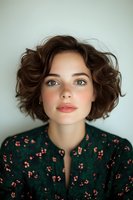 Young woman with freckles and short wavy brown hair wearing green floral dress looking directly at camera with natural makeup and soft expression.