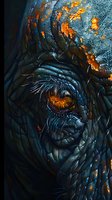 Close-up of dragon eye with glowing amber iris, dark scales, and fiery orange highlights against deep blue-black background, creating mystical fantasy atmosphere.