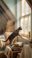 Dark tabby cat standing on stacked books by sunlit window in rustic interior with wooden beams and vintage decor, suitable for home and lifestyle design projects.