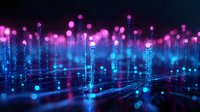 Futuristic digital landscape with glowing blue and pink data streams rising from reflective surface, creating abstract network visualization for tech concepts.