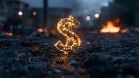 Glowing dollar sign symbol on dark ground with bokeh lights in background, representing financial success, wealth and money concept in evening atmosphere.