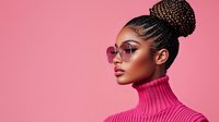 Young African American woman with braided bun hairstyle wearing pink turtleneck sweater and stylish glasses poses against pink background in modern fashion portrait.