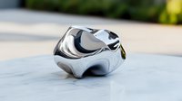 Futuristic chrome metallic sculpture with fluid organic curves and reflective surface creates dynamic abstract art piece on light background.