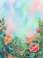 Watercolor floral border with gold outlines, pink peonies, teal leaves, and pastel sky background, perfect for greeting cards and invitations.