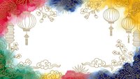 Colorful Chinese New Year frame with golden lanterns and traditional cloud patterns on white background for festive greeting cards and celebrations.