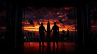 Silhouette of couple watching dramatic sunset over city skyline through large window, romantic urban view with dramatic orange and red cloudy sky.