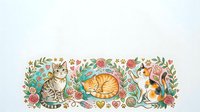 Three cute cats surrounded by floral wreaths, roses, hearts, and paw prints in a charming watercolor style, isolated on white background.