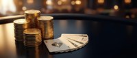 Stacks of golden coins and playing cards arranged on dark surface with warm bokeh lighting, representing wealth, gambling, and financial risk for business concepts.