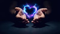 Hands protecting glowing blue and purple heart-shaped energy flame against dark background. Concept of love, care, protection and spiritual healing power.