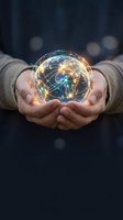Hands holding glowing digital globe with network connections representing global communication, technology innovation and worldwide connectivity concepts.