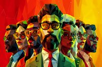 Low poly geometric portrait of diverse business professionals with glasses against vibrant colorful background, showcasing multicultural teamwork in modern corporate environment.