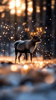 Majestic reindeer with glowing antlers standing in snowy winter forest at sunset, magical bokeh lights and snowflakes creating ethereal atmosphere in nature.