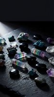 Collection of colorful healing crystals and gemstones on dark slate surface with dramatic lighting for spiritual wellness and meditation practices.