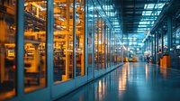 Modern office corridor with glass walls illuminated by warm orange and cool blue lights creating dramatic reflections on polished floor at night.