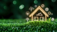 Glowing eco house outline on green grass with environmental icons floating around, symbolizing sustainable living and energy efficiency on bokeh background.