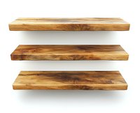 Rustic wooden floating shelves with natural wood grain pattern and live edge design isolated on white background for interior decoration and storage.