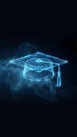 Glowing neon wireframe graduation cap with digital network connections and particles on dark background. Suitable for education, online learning, and technology concepts.