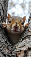 Curious red squirrel peeking out from tree hollow with big eyes and whiskers, close-up portrait showing playful expression and detailed facial features in natural habitat.