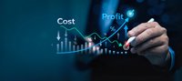 Businessman analyzing financial data with cost and profit metrics on digital interface showing upward growth trends and performance indicators.
