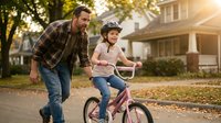 Father teaching young daughter to ride bicycle in suburban neighborhood during golden hour sunset with safety helmet and family bonding moment.