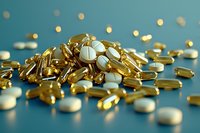 Golden vitamin capsules and pills scattered on turquoise background with bokeh lights creating healthcare and wellness supplement concept for medical design.
