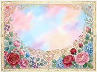Ornate floral frame with roses, peonies, and hydrangeas on pastel watercolor background, isolated on white for invitations and greeting cards.