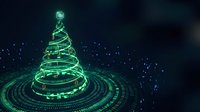 Futuristic digital Christmas tree with glowing green neon lights and holographic effects on dark background with circuit patterns for holiday tech designs.